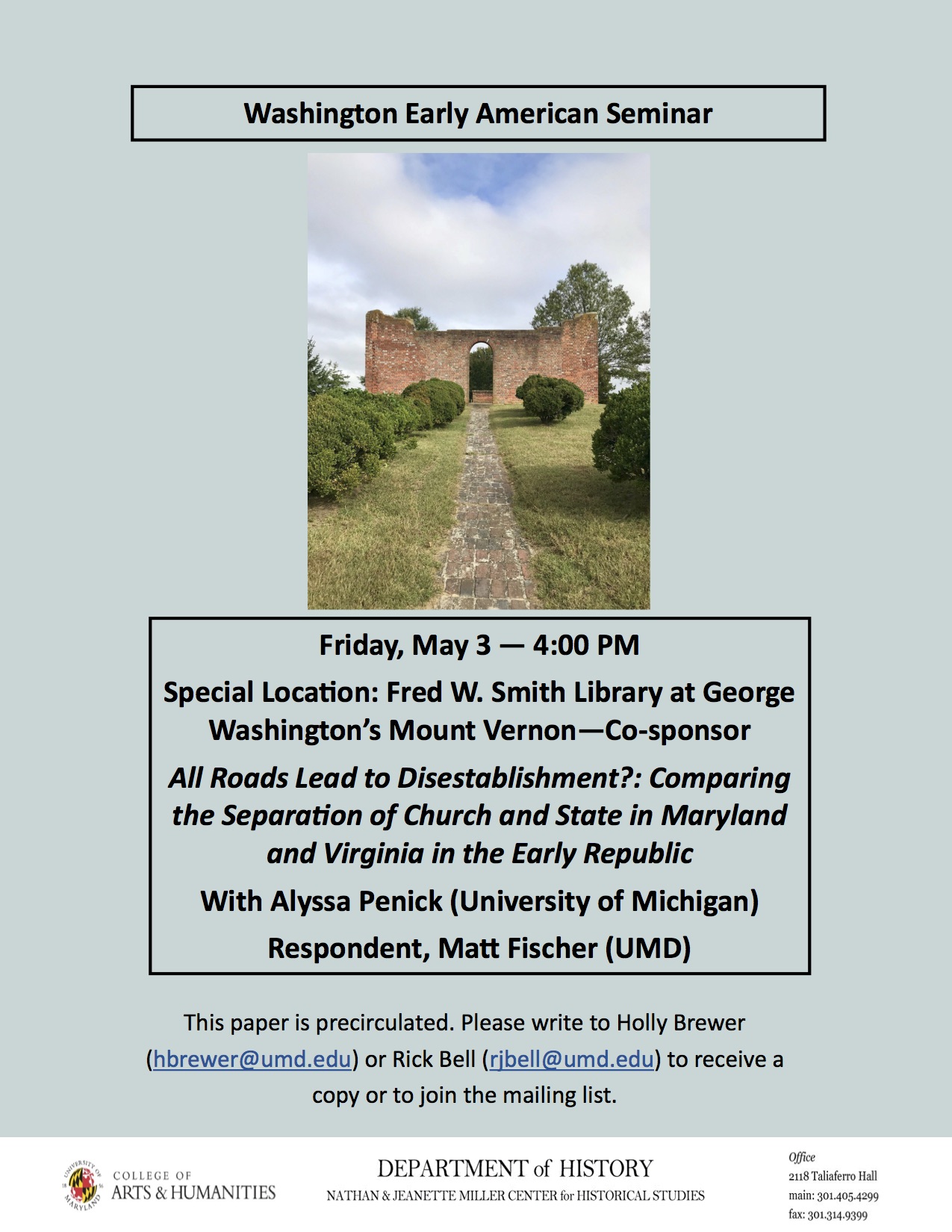 Image for event - All Roads Lead to Disestablishment?: Comparing the Separation of Church and State in Maryland and Virginia in the Early Republic