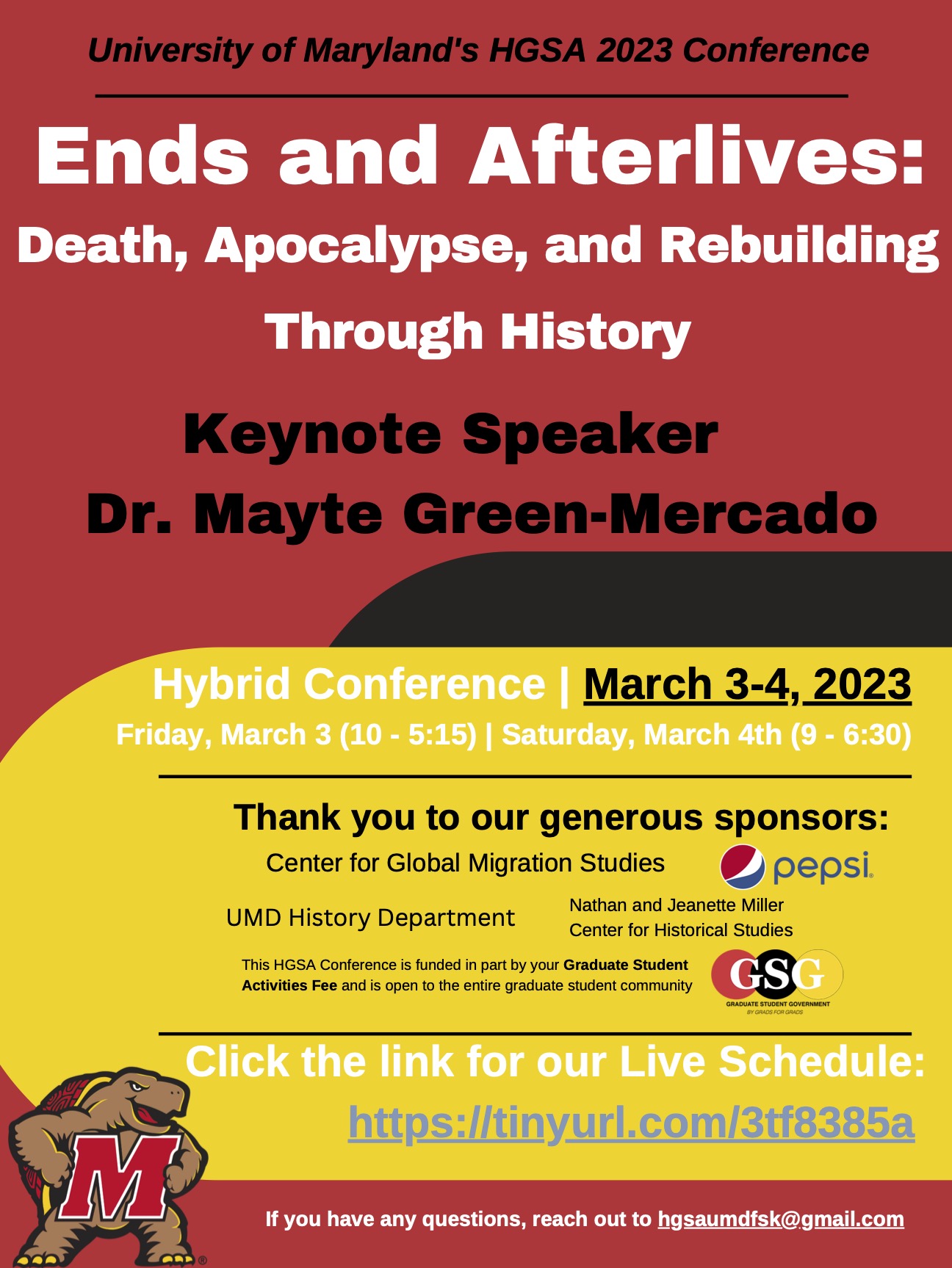 Grad conference poster (red and yellow) for March 3-4, 2023