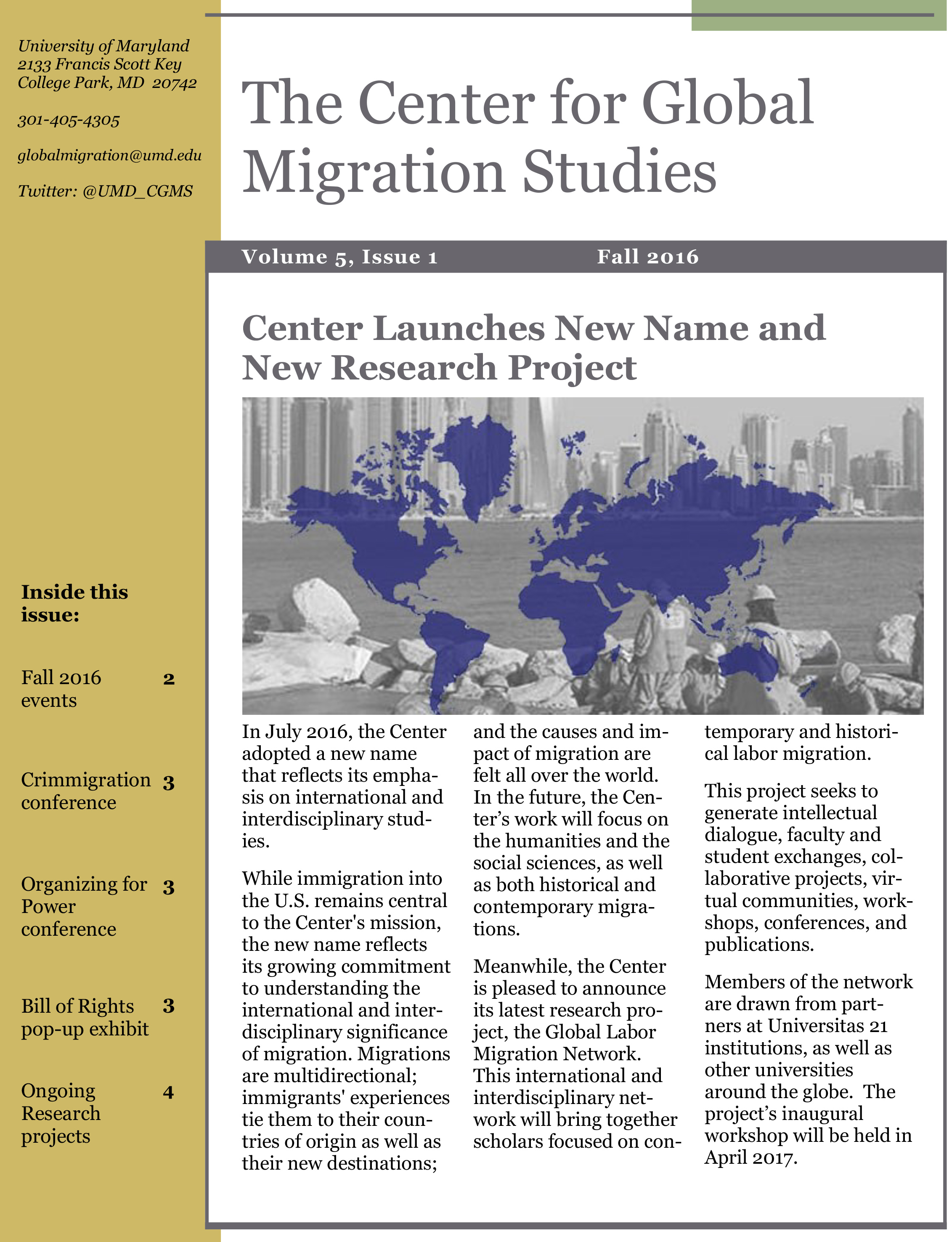 Center for Global Migration Studies Newsletter Fall 2016