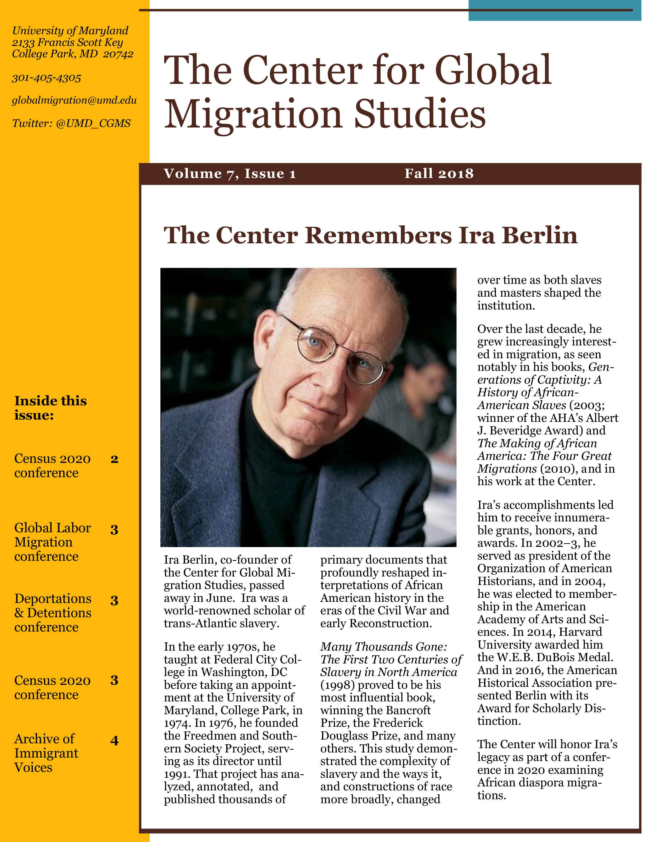 Center for Global Migration Studies Newsletter Fall 2018