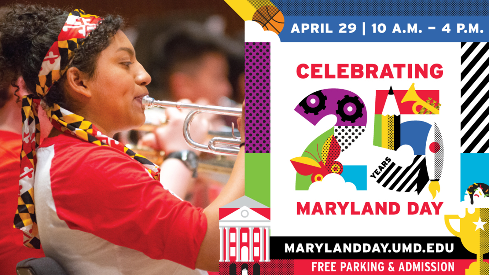  A musician performs dressed in Maryland Day colors with the text "Celebrating 25 Years of Maryland Day"