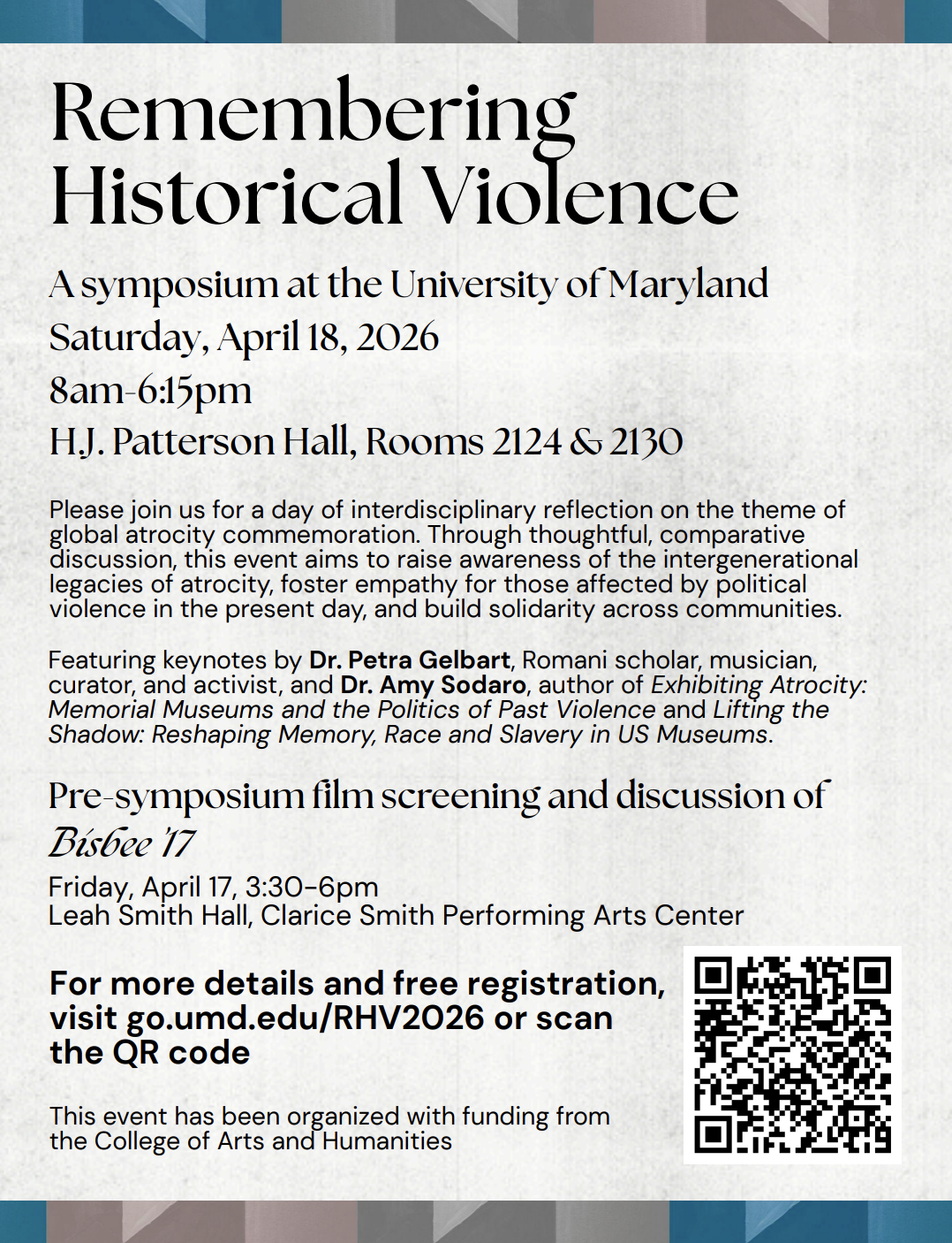 Flier for the Remembering Historical Violence Symposium. Includes event details, a QR code for registration, and a blue and gray border. 