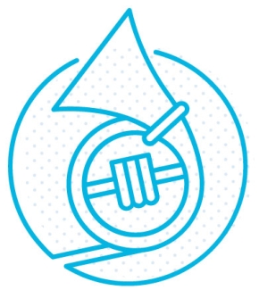 Blue line icon of a brass instrument, likely a French horn, enclosed in a circular shape, representing music and the arts.